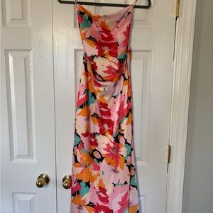 Petal & Pup NWT Pink Floral Satin Midi Dress Cowl Neck Lace Back Size M